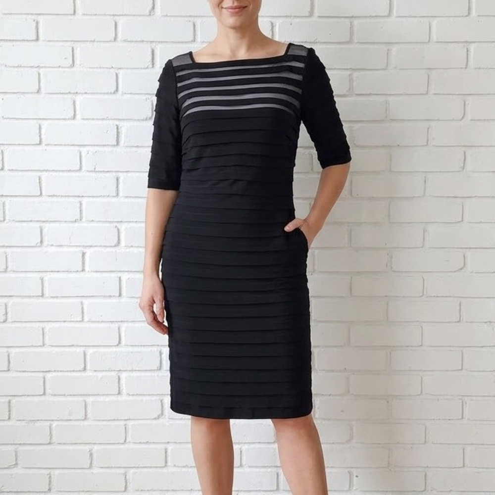 Adrianna Papell Tiered‎ Sheath Dress Womens 10 Black Mesh Cocktail Party Formal